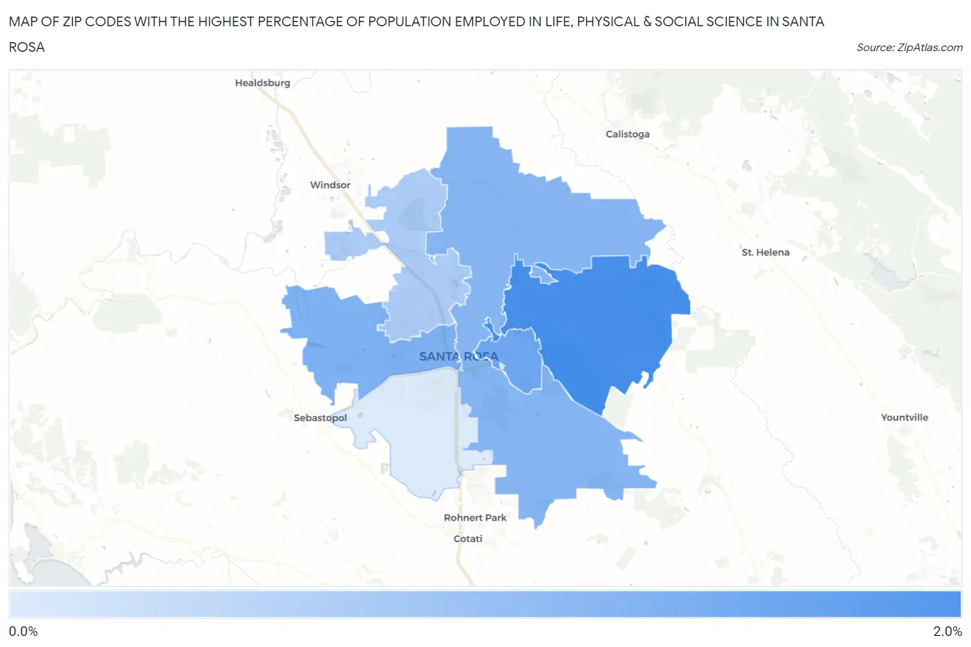 Zip Codes with the Highest Percentage of Population Employed in Life, Physical & Social Science in Santa Rosa Map