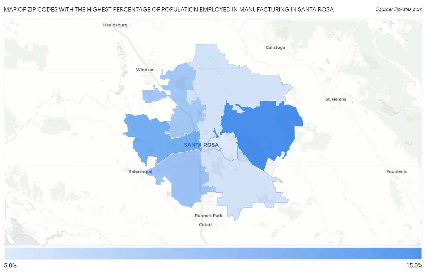 Zip Codes with the Highest Percentage of Population Employed in Manufacturing in Santa Rosa Map