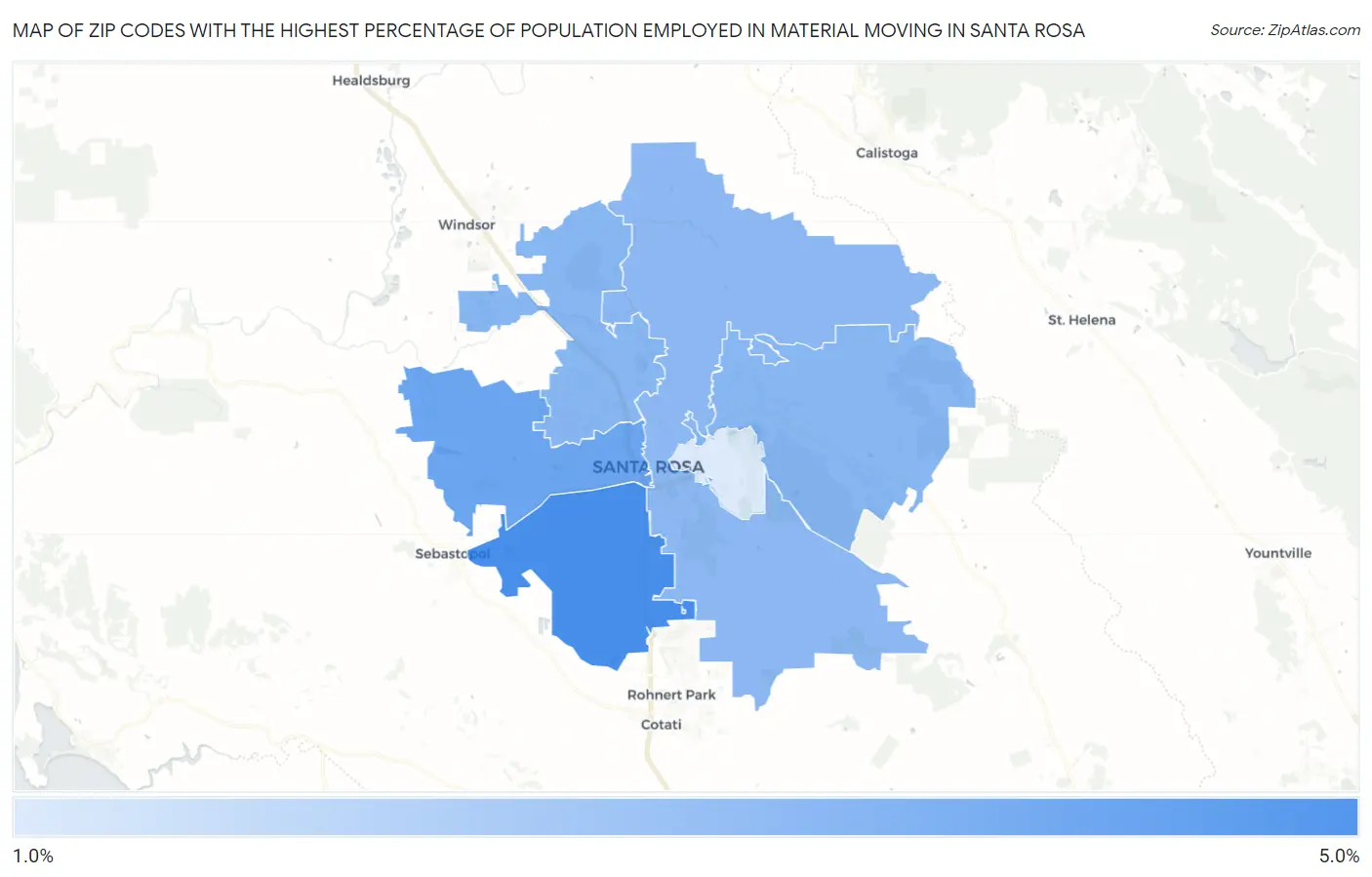 Zip Codes with the Highest Percentage of Population Employed in Material Moving in Santa Rosa Map