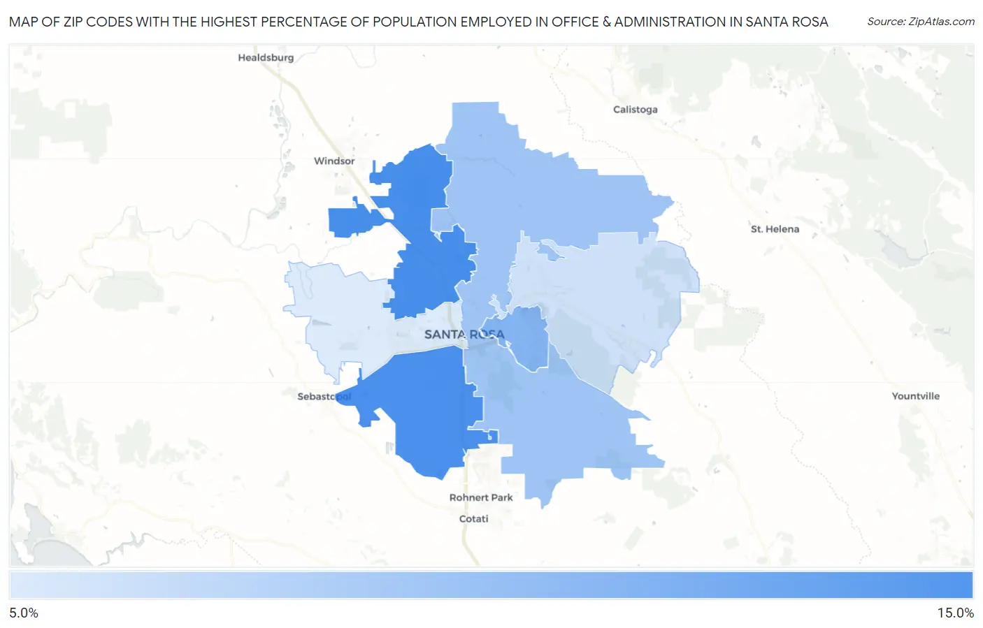 Zip Codes with the Highest Percentage of Population Employed in Office & Administration in Santa Rosa Map