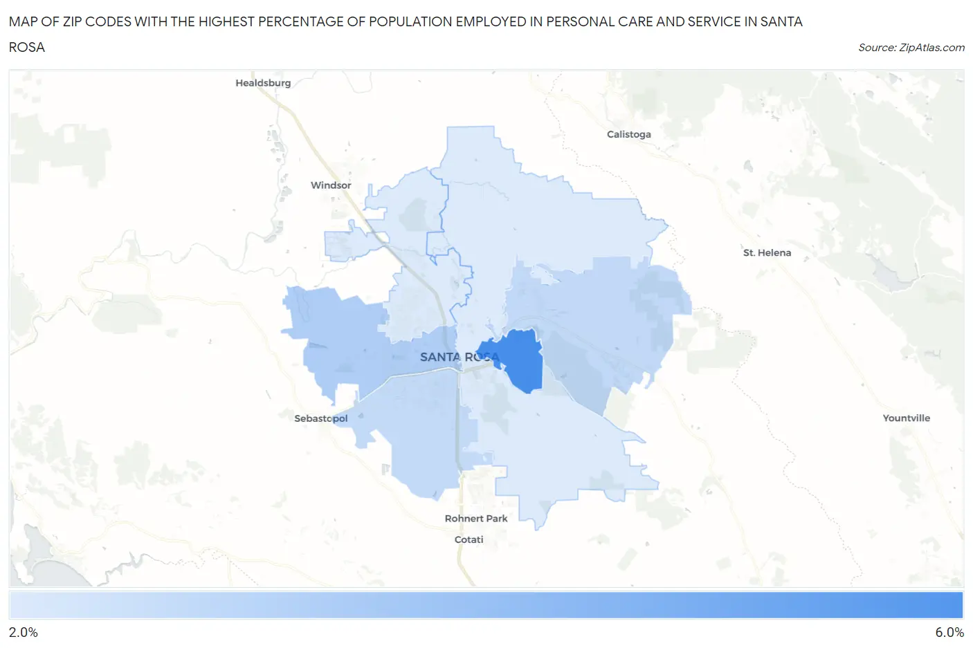 Zip Codes with the Highest Percentage of Population Employed in Personal Care and Service in Santa Rosa Map