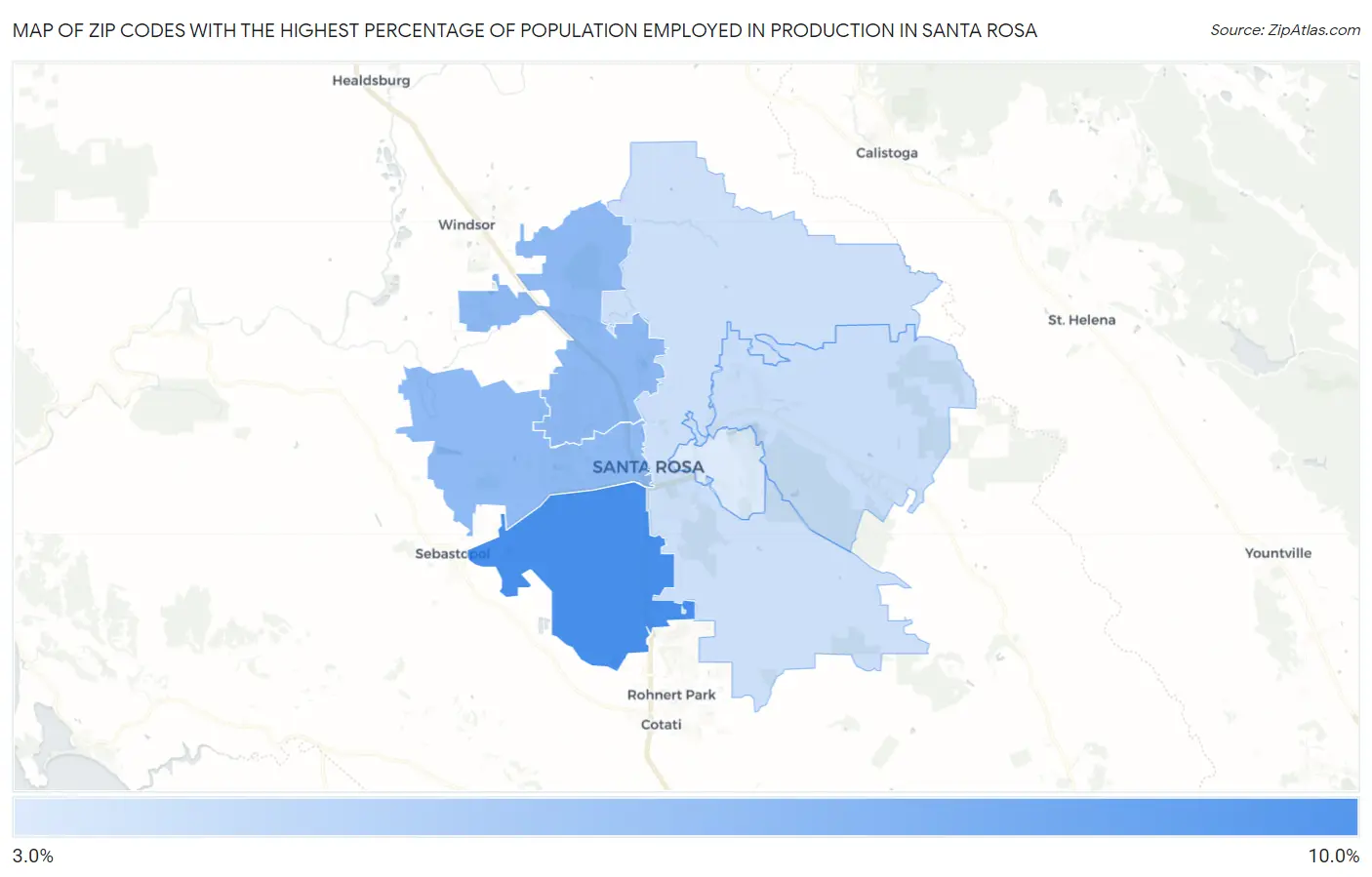 Zip Codes with the Highest Percentage of Population Employed in Production in Santa Rosa Map