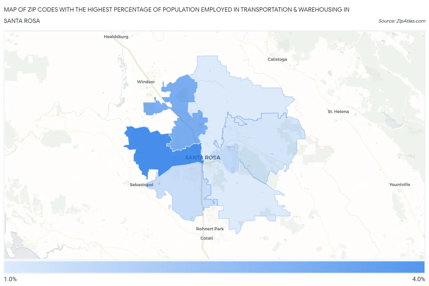 Zip Codes with the Highest Percentage of Population Employed in Transportation & Warehousing in Santa Rosa Map
