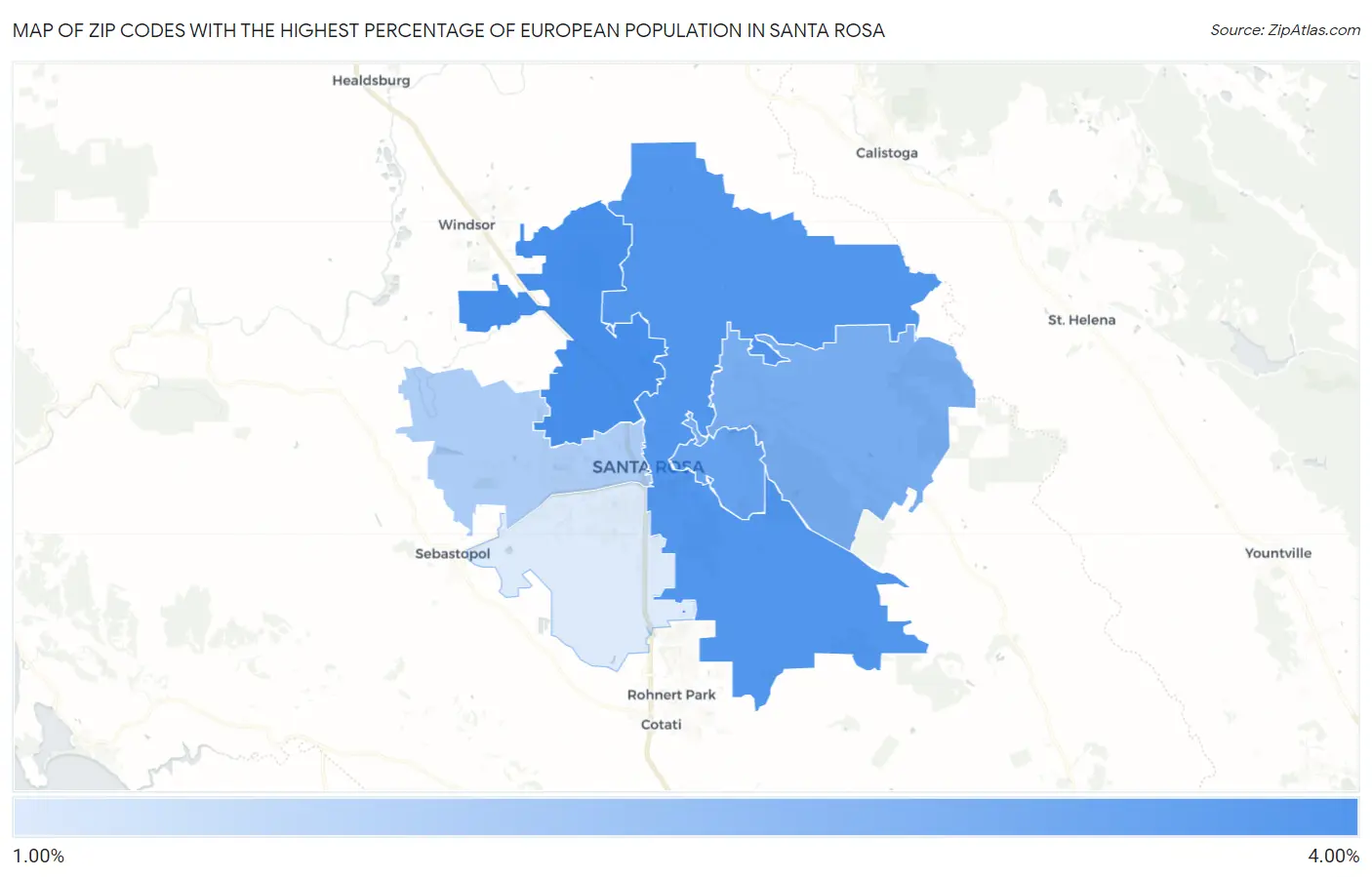 Zip Codes with the Highest Percentage of European Population in Santa Rosa Map