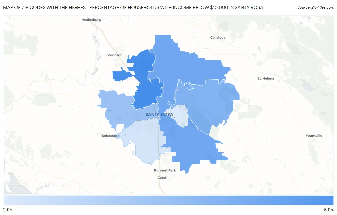 Zip Codes with the Highest Percentage of Households with Income Below $10,000 in Santa Rosa Map
