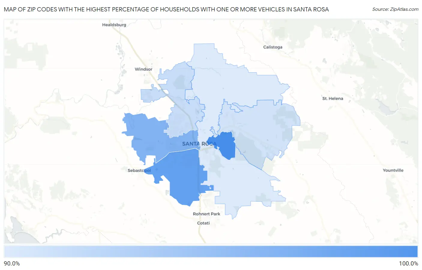 Zip Codes with the Highest Percentage of Households With One or more Vehicles in Santa Rosa Map