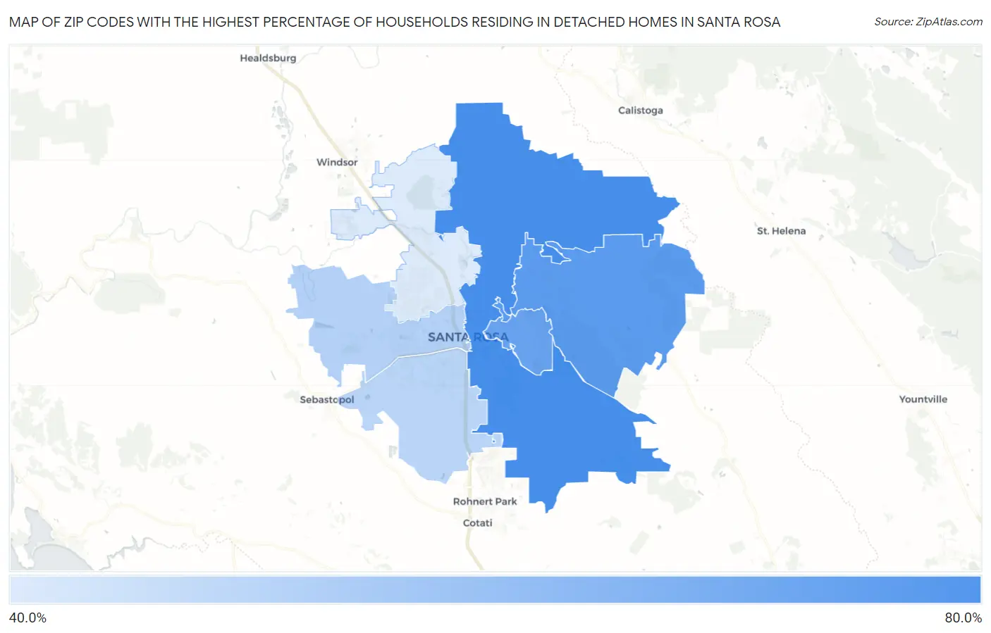 Zip Codes with the Highest Percentage of Households Residing in Detached Homes in Santa Rosa Map