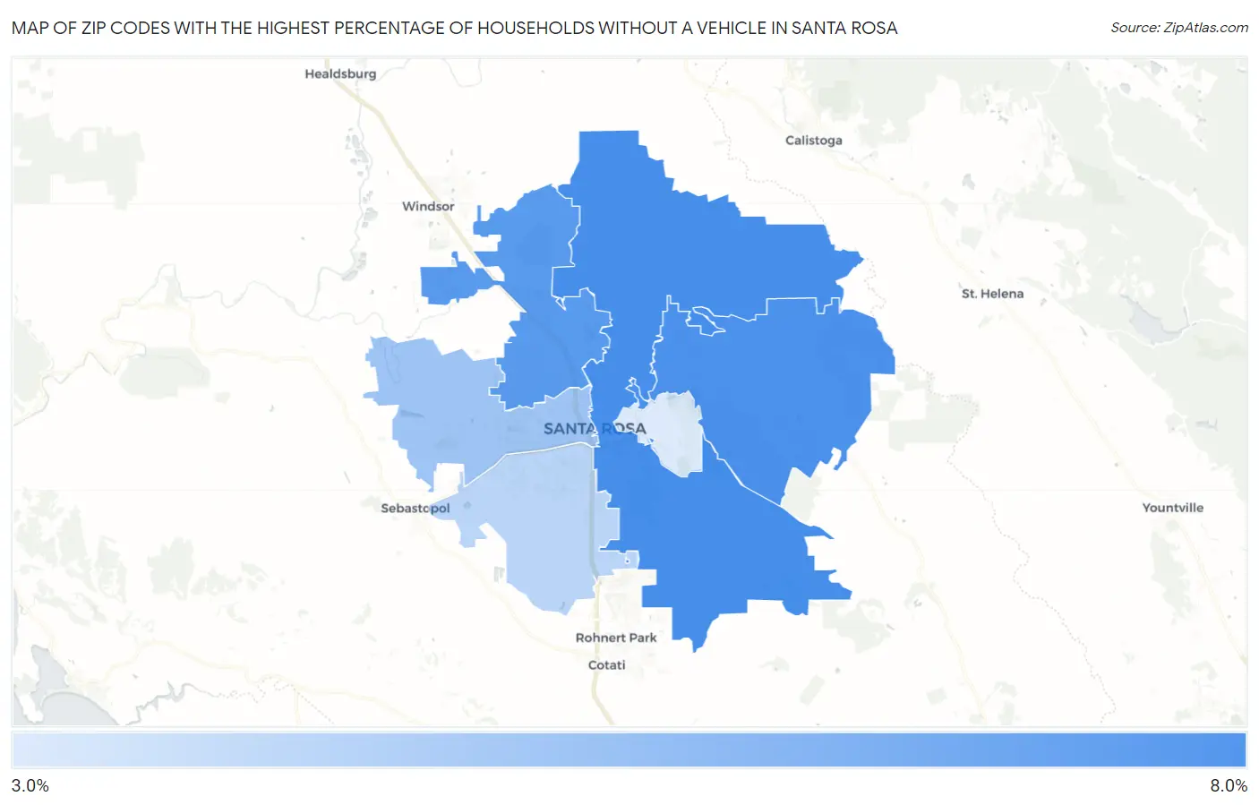 Zip Codes with the Highest Percentage of Households Without a Vehicle in Santa Rosa Map