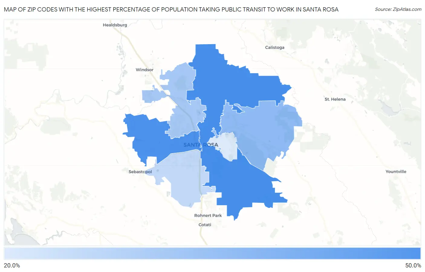 Zip Codes with the Highest Percentage of Population Taking Public Transit to Work in Santa Rosa Map