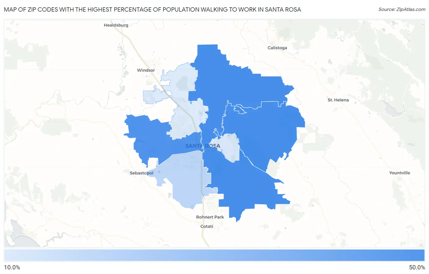 Zip Codes with the Highest Percentage of Population Walking to Work in Santa Rosa Map