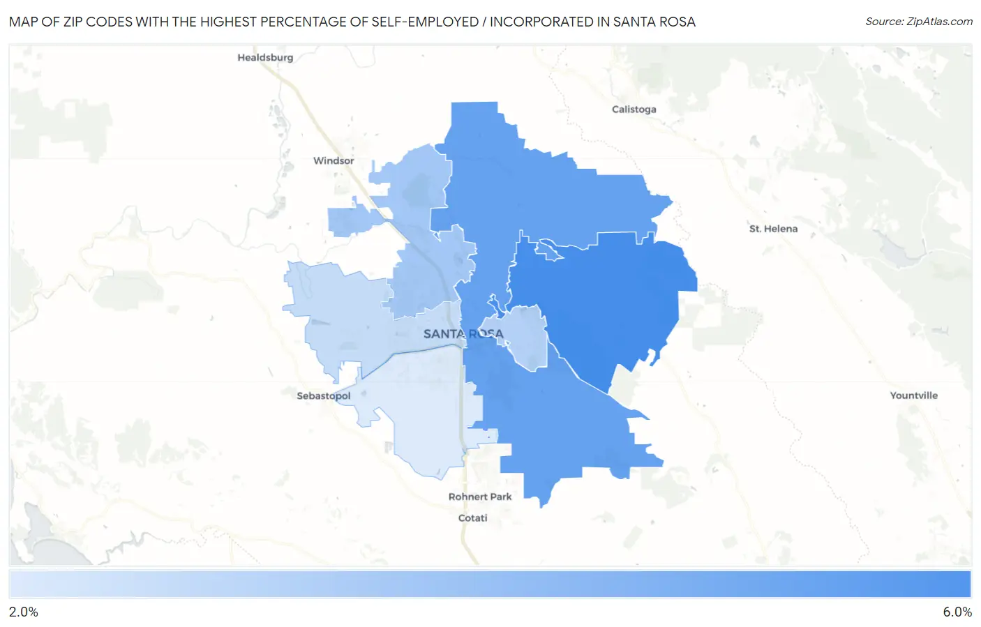 Zip Codes with the Highest Percentage of Self-Employed / Incorporated in Santa Rosa Map