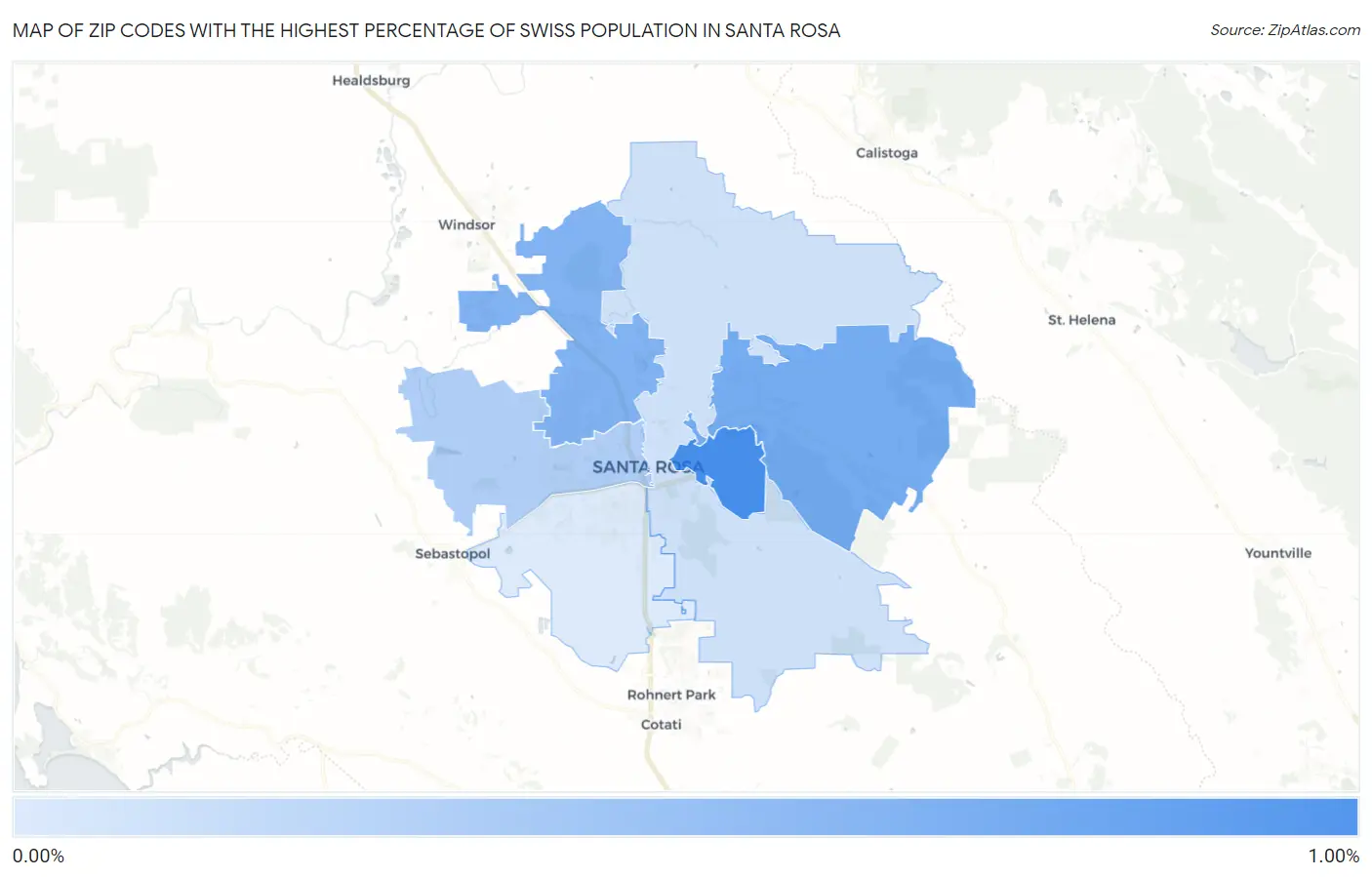 Zip Codes with the Highest Percentage of Swiss Population in Santa Rosa Map