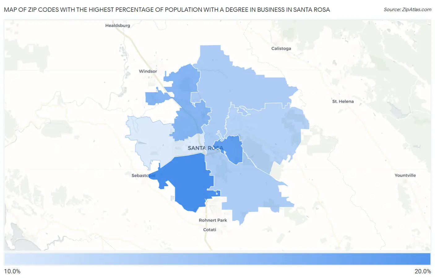 Zip Codes with the Highest Percentage of Population with a Degree in Business in Santa Rosa Map