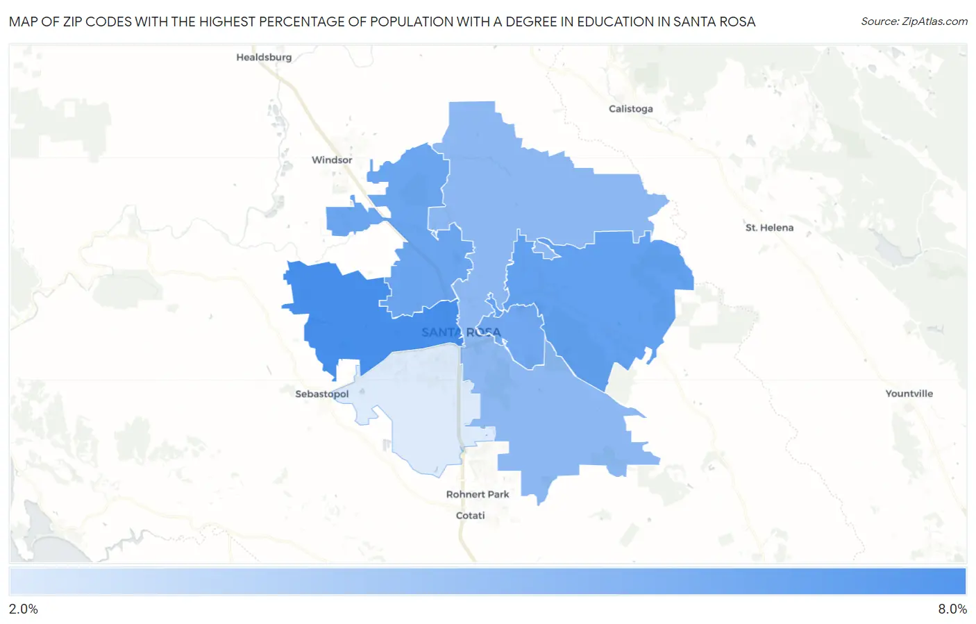 Zip Codes with the Highest Percentage of Population with a Degree in Education in Santa Rosa Map