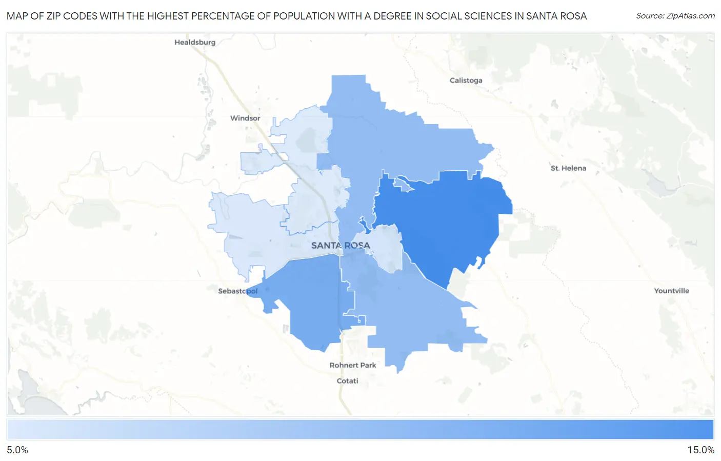 Zip Codes with the Highest Percentage of Population with a Degree in Social Sciences in Santa Rosa Map