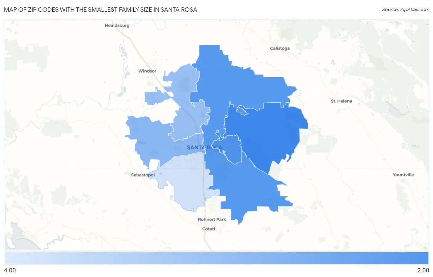 Zip Codes with the Smallest Family Size in Santa Rosa Map