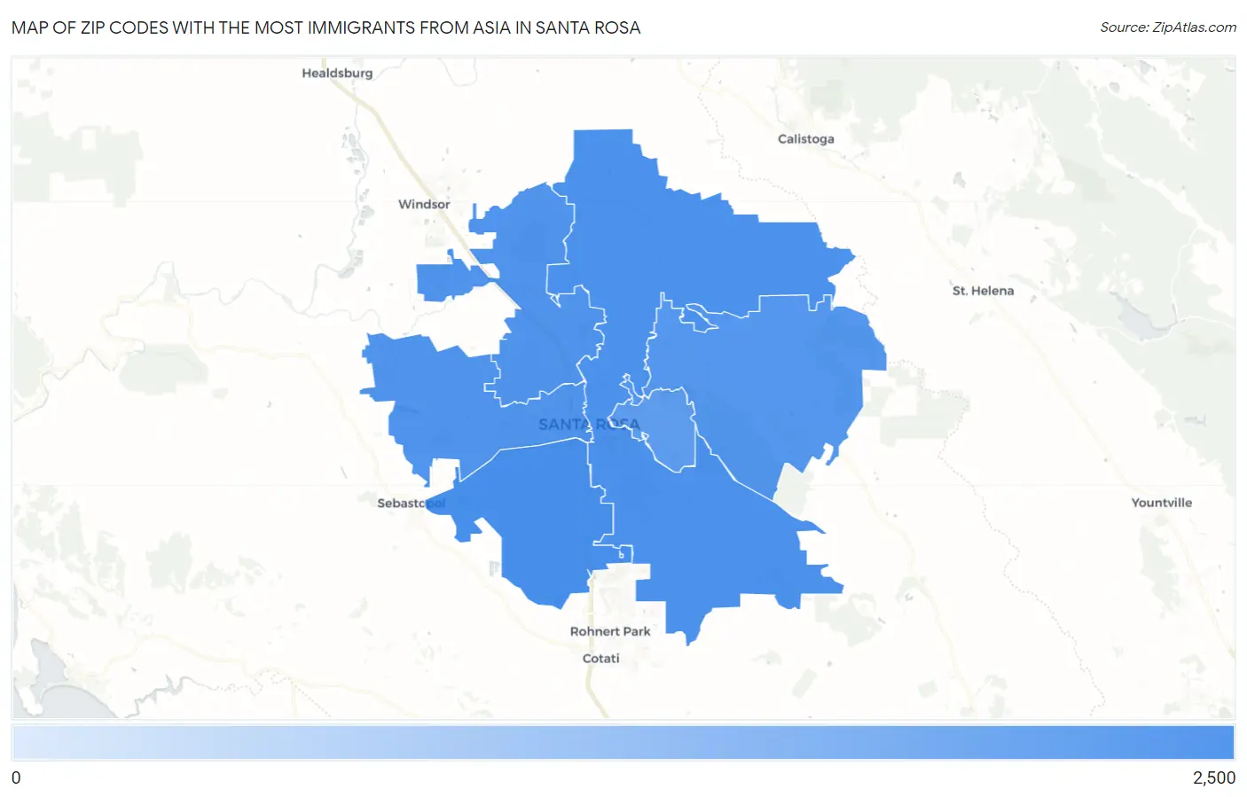 Zip Codes with the Most Immigrants from Asia in Santa Rosa Map