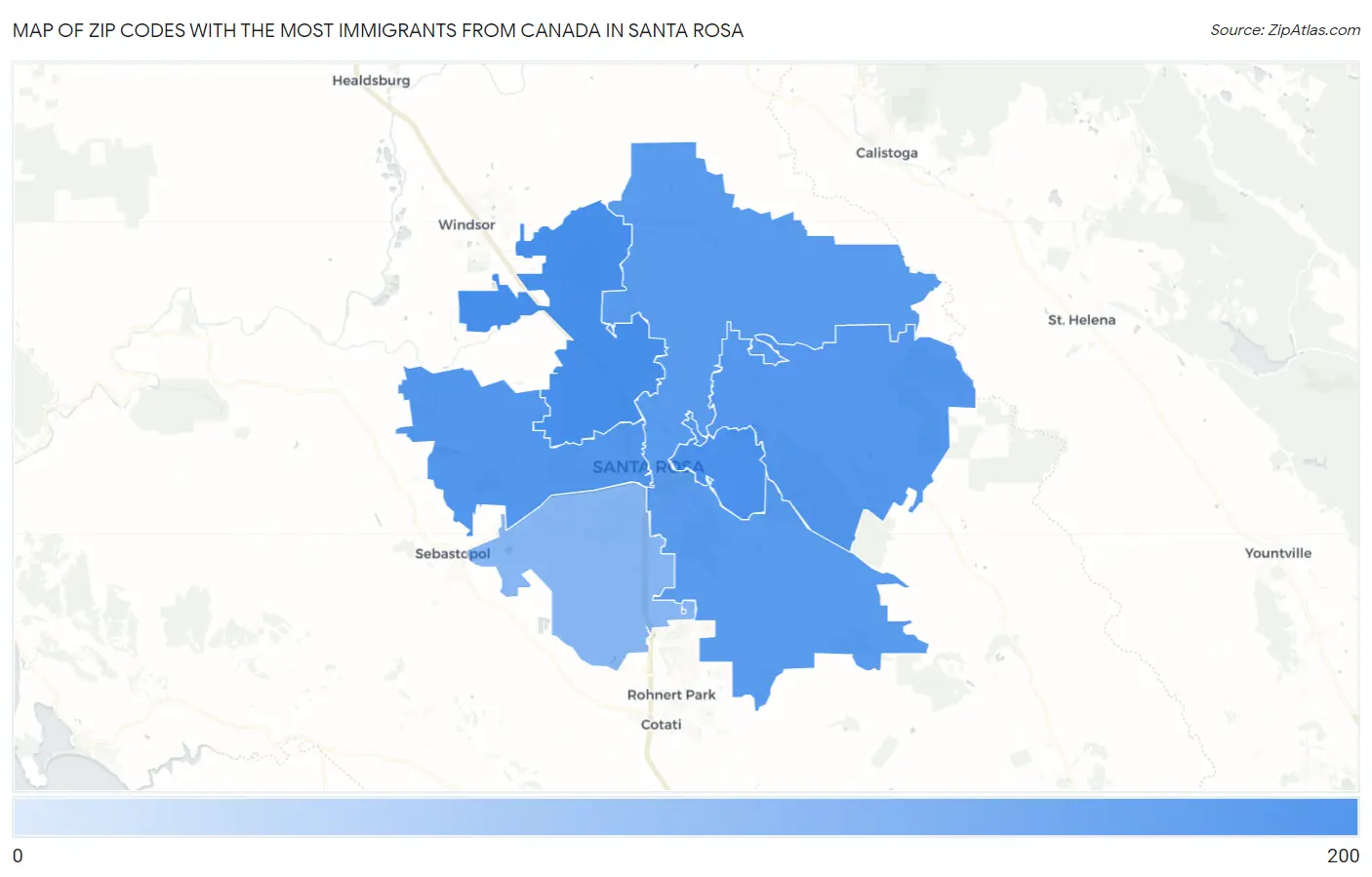 Zip Codes with the Most Immigrants from Canada in Santa Rosa Map