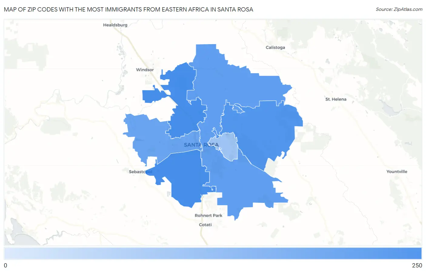 Zip Codes with the Most Immigrants from Eastern Africa in Santa Rosa Map