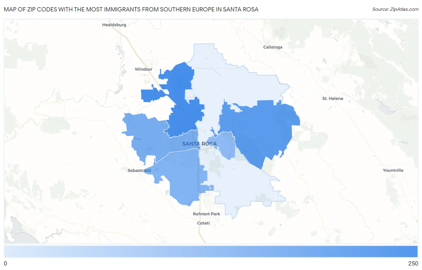 Zip Codes with the Most Immigrants from Southern Europe in Santa Rosa Map