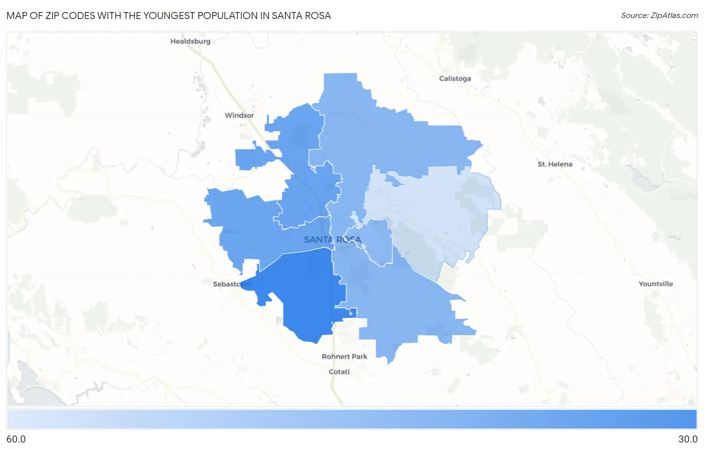 Zip Codes with the Youngest Population in Santa Rosa Map