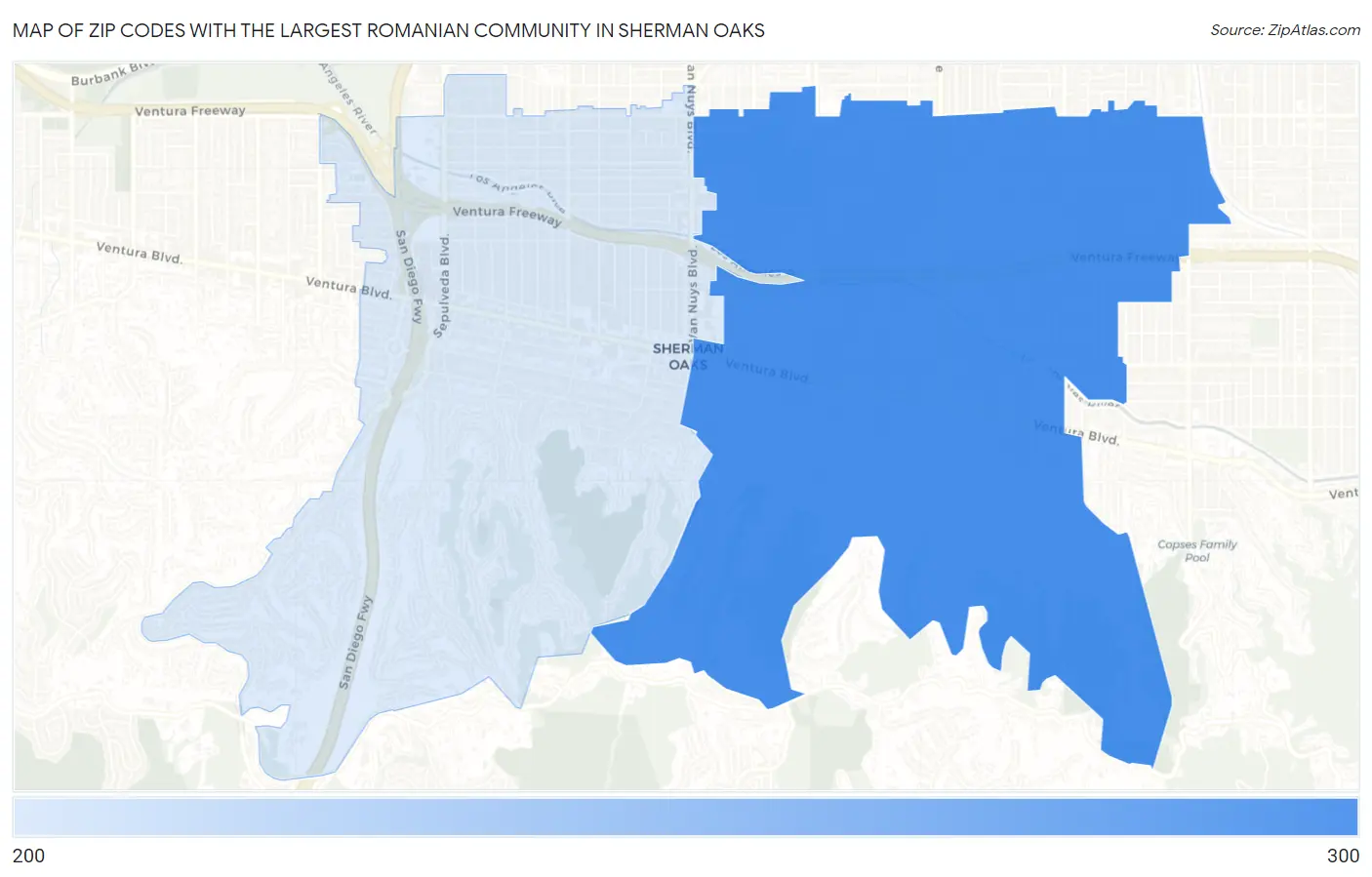 Zip Codes with the Largest Romanian Community in Sherman Oaks Map