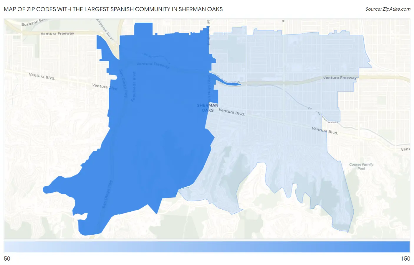 Zip Codes with the Largest Spanish Community in Sherman Oaks Map