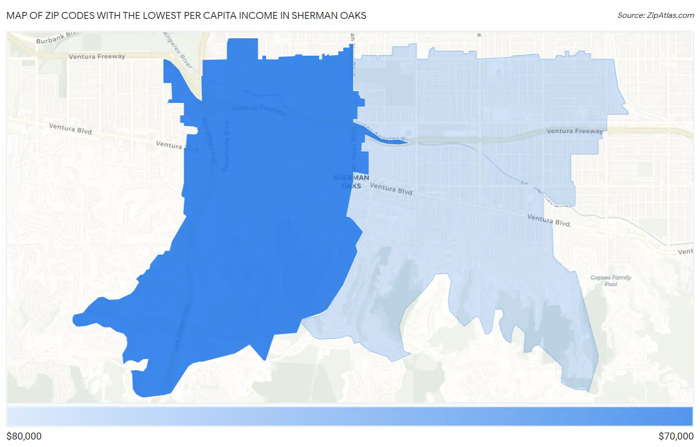 Zip Codes with the Lowest Per Capita Income in Sherman Oaks Map