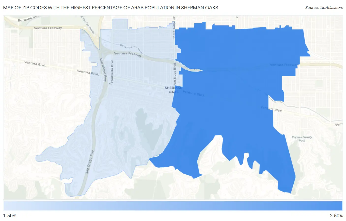 Zip Codes with the Highest Percentage of Arab Population in Sherman Oaks Map