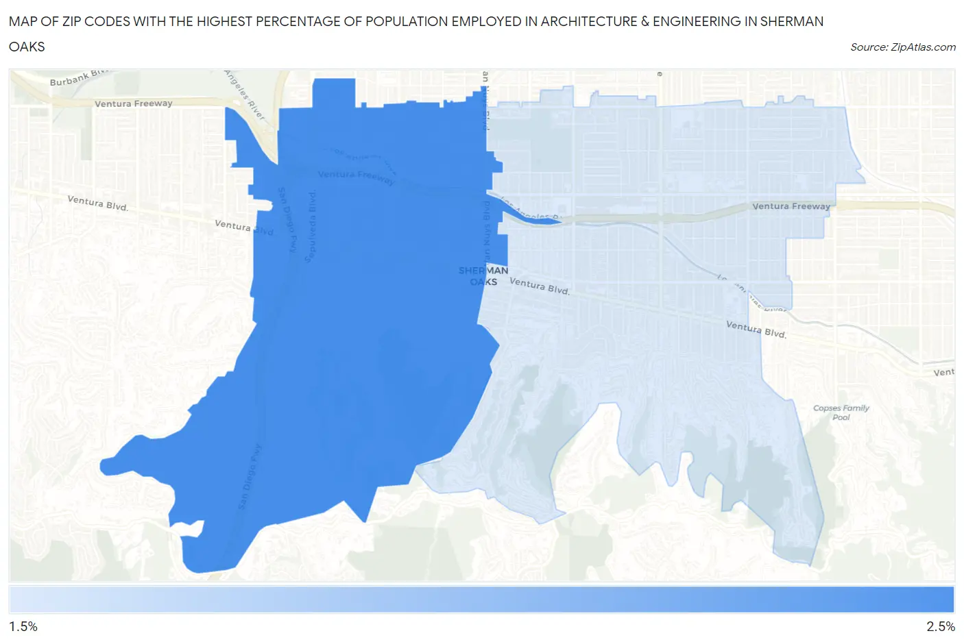 Zip Codes with the Highest Percentage of Population Employed in Architecture & Engineering in Sherman Oaks Map