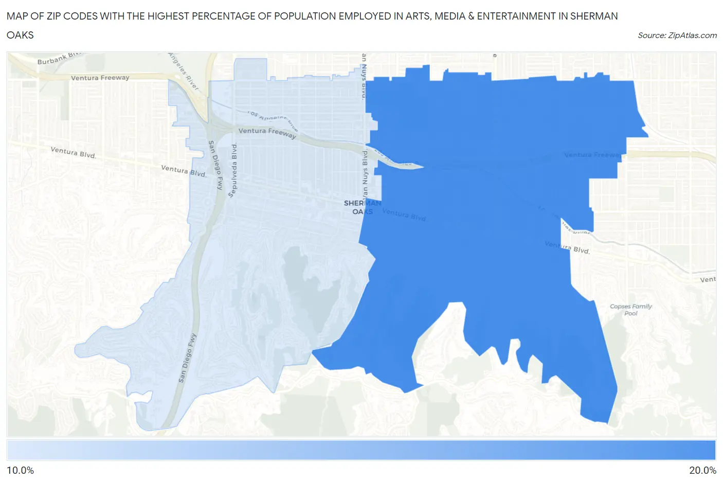 Zip Codes with the Highest Percentage of Population Employed in Arts, Media & Entertainment in Sherman Oaks Map