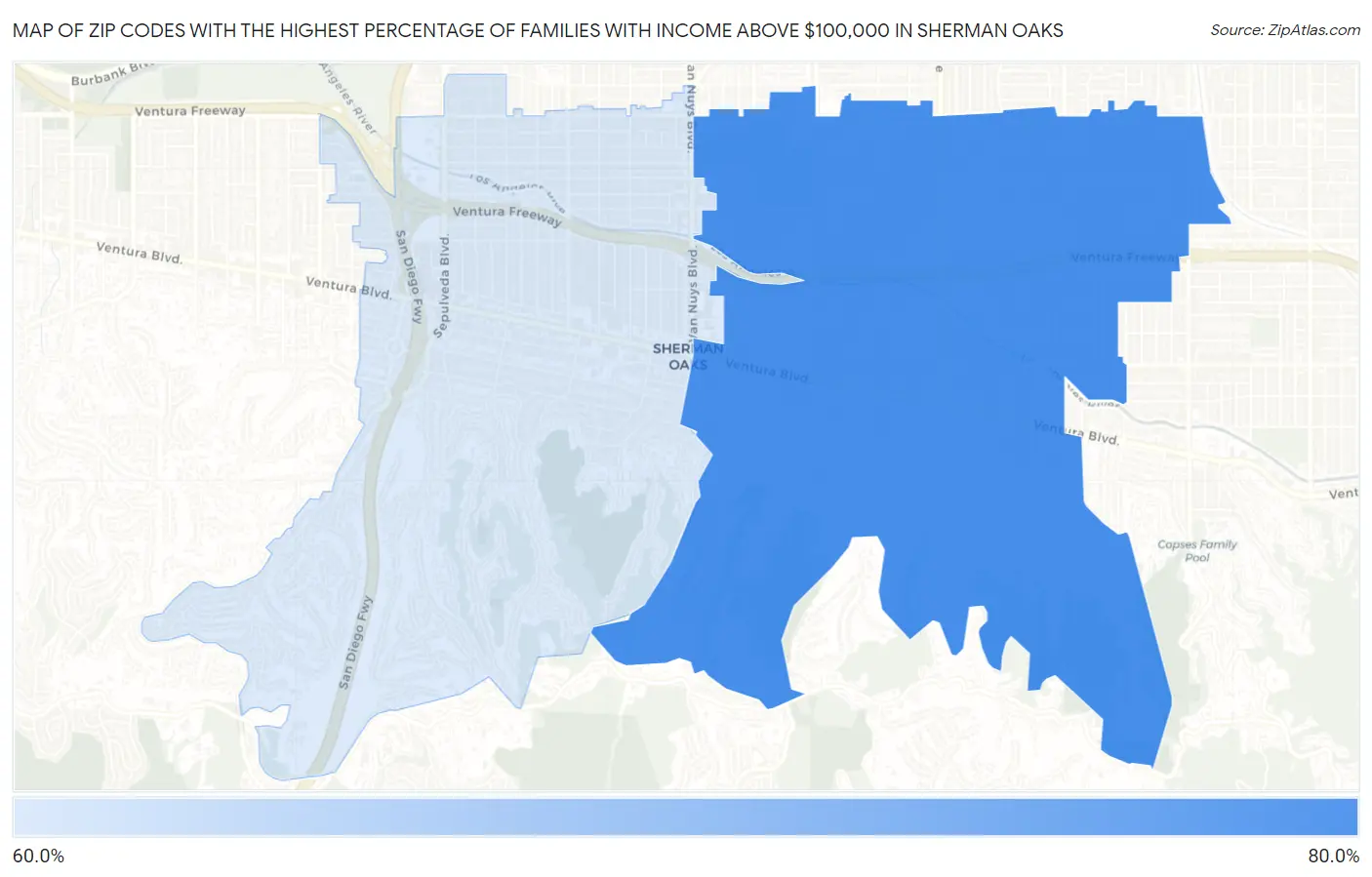 Zip Codes with the Highest Percentage of Families with Income Above $100,000 in Sherman Oaks Map