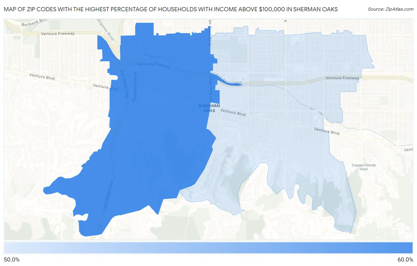 Zip Codes with the Highest Percentage of Households with Income Above $100,000 in Sherman Oaks Map
