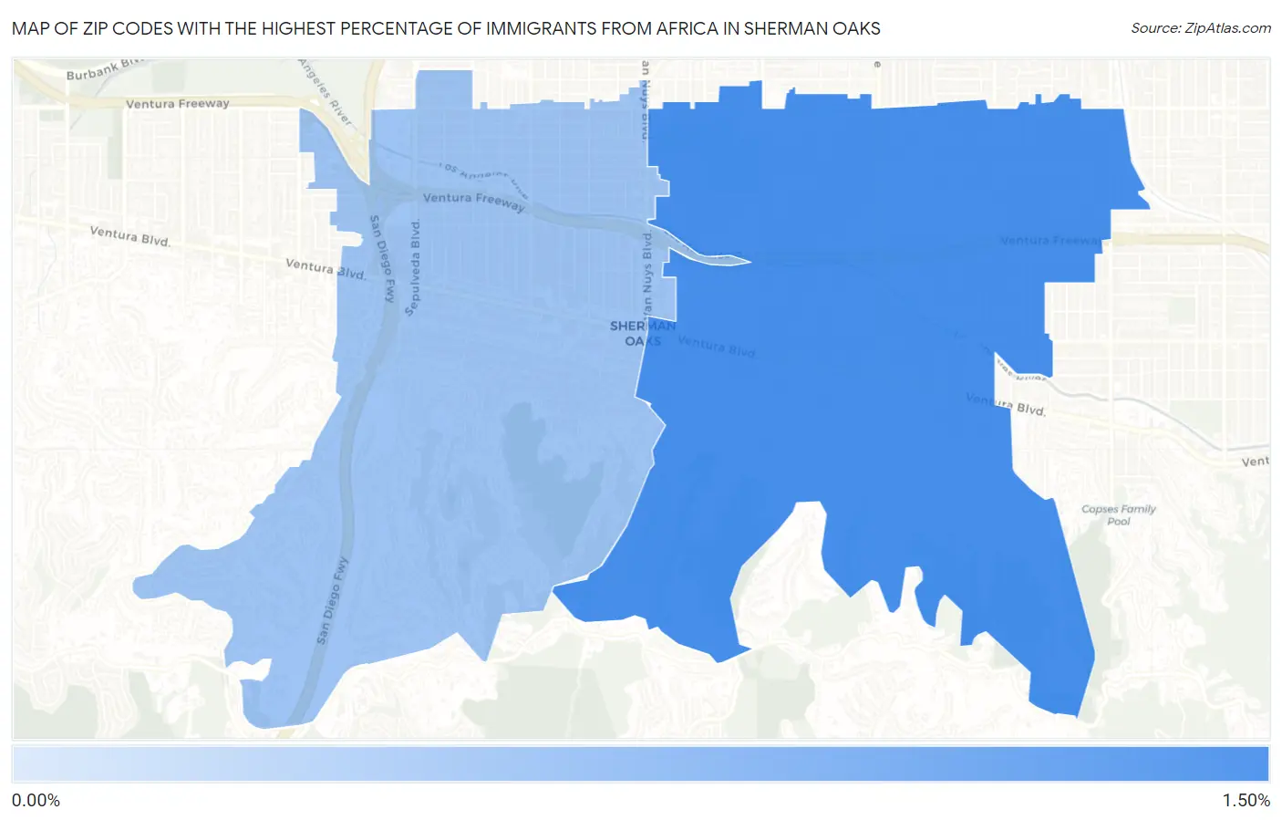 Zip Codes with the Highest Percentage of Immigrants from Africa in Sherman Oaks Map