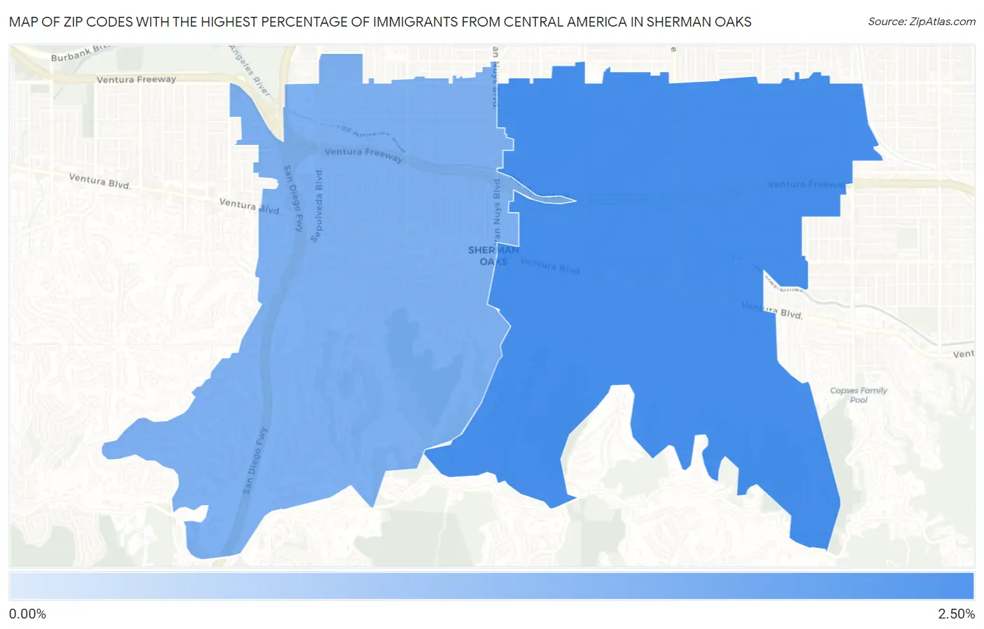 Zip Codes with the Highest Percentage of Immigrants from Central America in Sherman Oaks Map