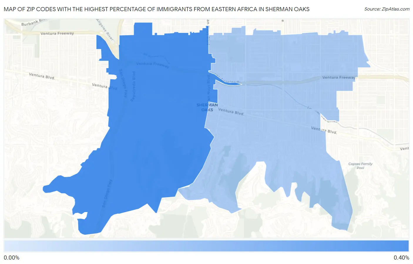 Zip Codes with the Highest Percentage of Immigrants from Eastern Africa in Sherman Oaks Map