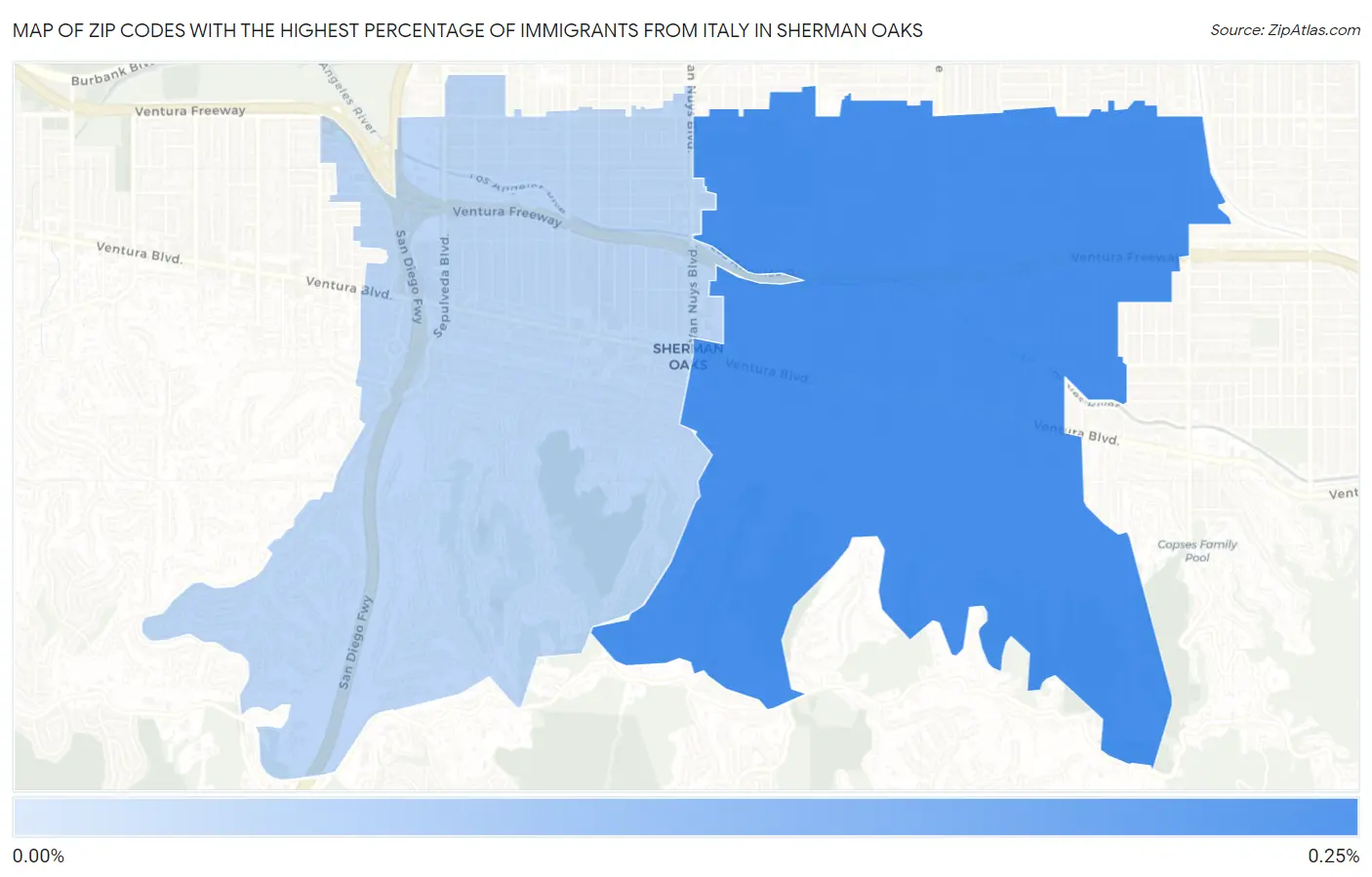 Zip Codes with the Highest Percentage of Immigrants from Italy in Sherman Oaks Map