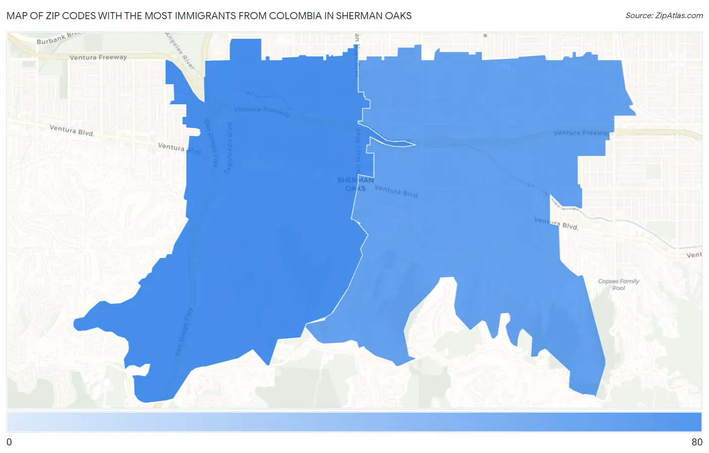 Zip Codes with the Most Immigrants from Colombia in Sherman Oaks Map