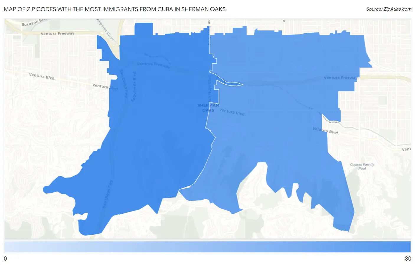 Zip Codes with the Most Immigrants from Cuba in Sherman Oaks Map