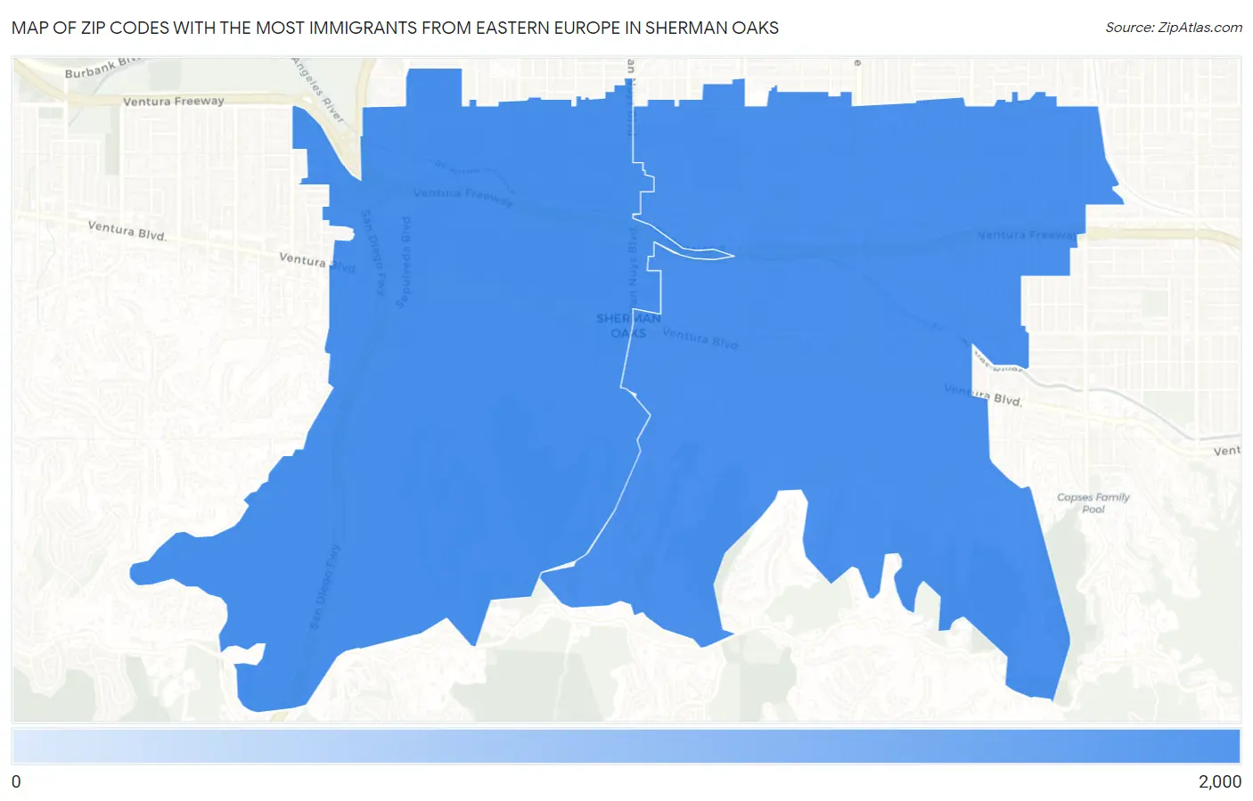 Zip Codes with the Most Immigrants from Eastern Europe in Sherman Oaks Map