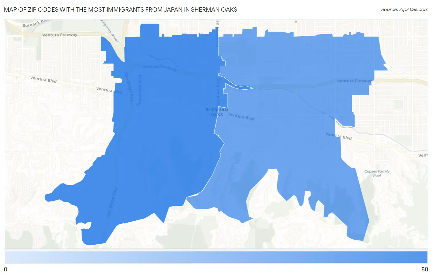 Zip Codes with the Most Immigrants from Japan in Sherman Oaks Map