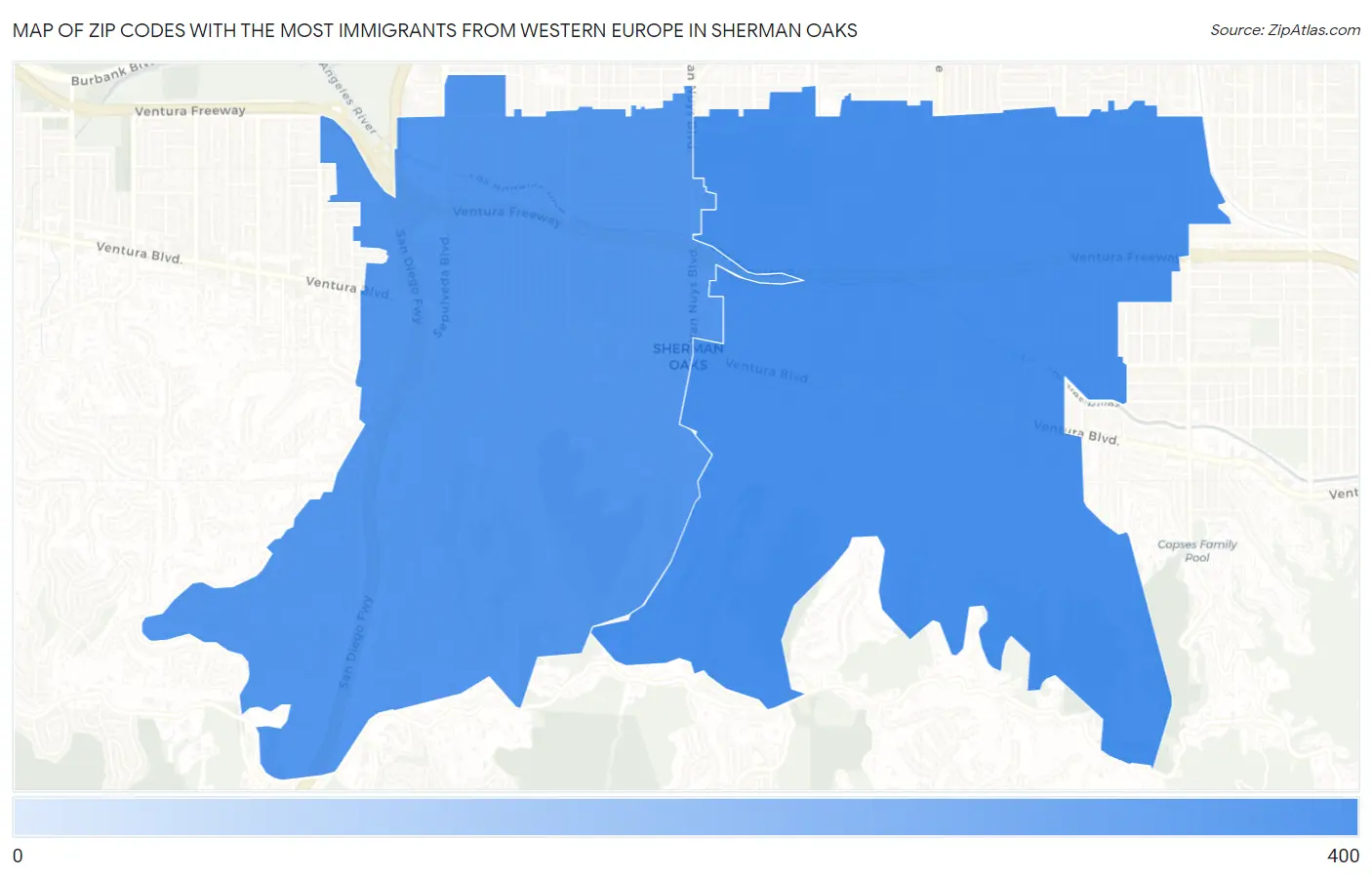 Zip Codes with the Most Immigrants from Western Europe in Sherman Oaks Map