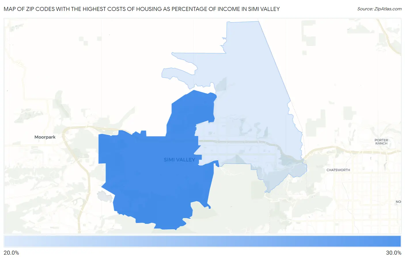 Zip Codes with the Highest Costs of Housing as Percentage of Income in Simi Valley Map
