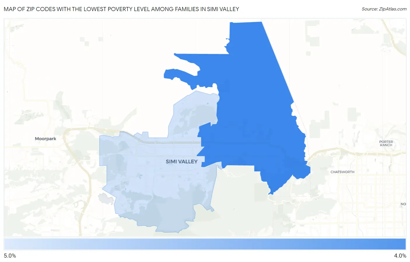 Zip Codes with the Lowest Poverty Level Among Families in Simi Valley Map