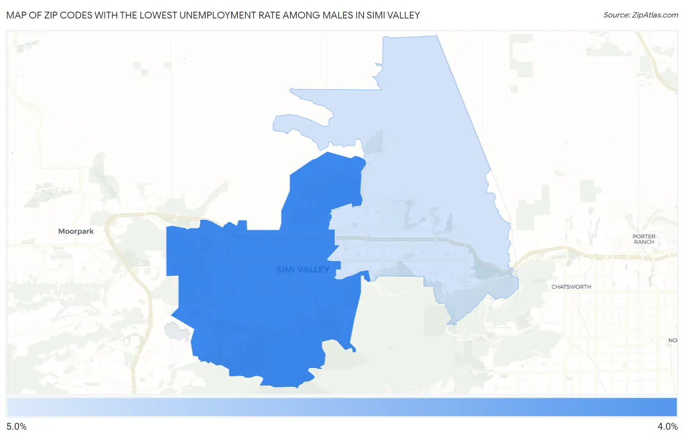 Zip Codes with the Lowest Unemployment Rate Among Males in Simi Valley Map