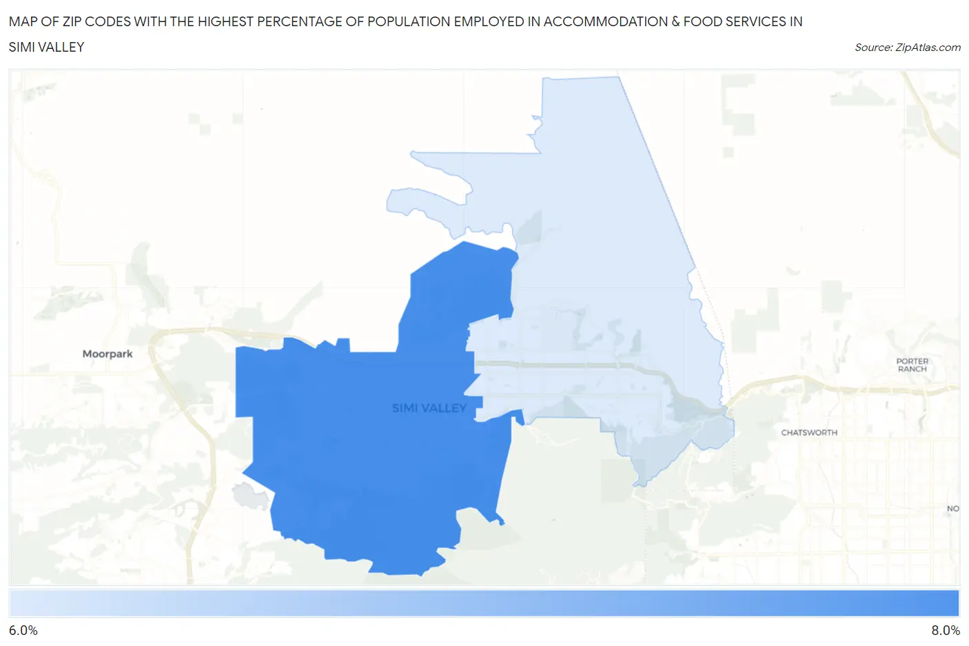 Zip Codes with the Highest Percentage of Population Employed in Accommodation & Food Services in Simi Valley Map