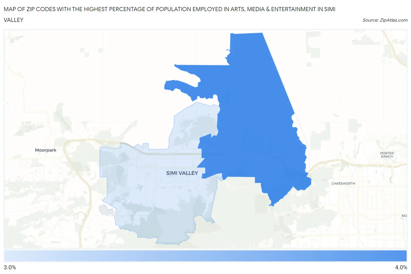 Zip Codes with the Highest Percentage of Population Employed in Arts, Media & Entertainment in Simi Valley Map