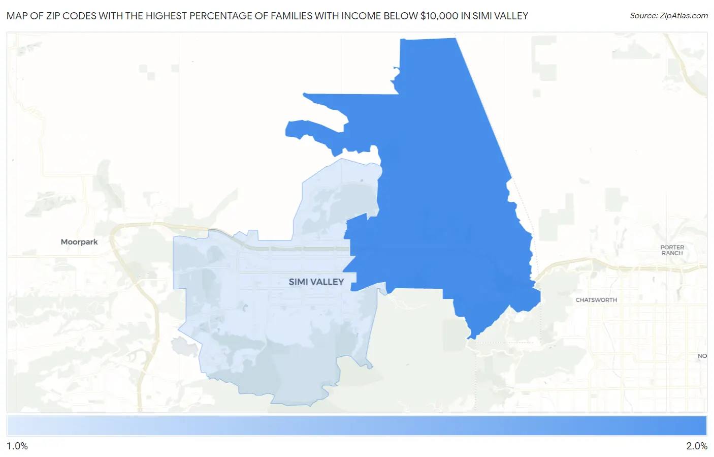 Zip Codes with the Highest Percentage of Families with Income Below $10,000 in Simi Valley Map