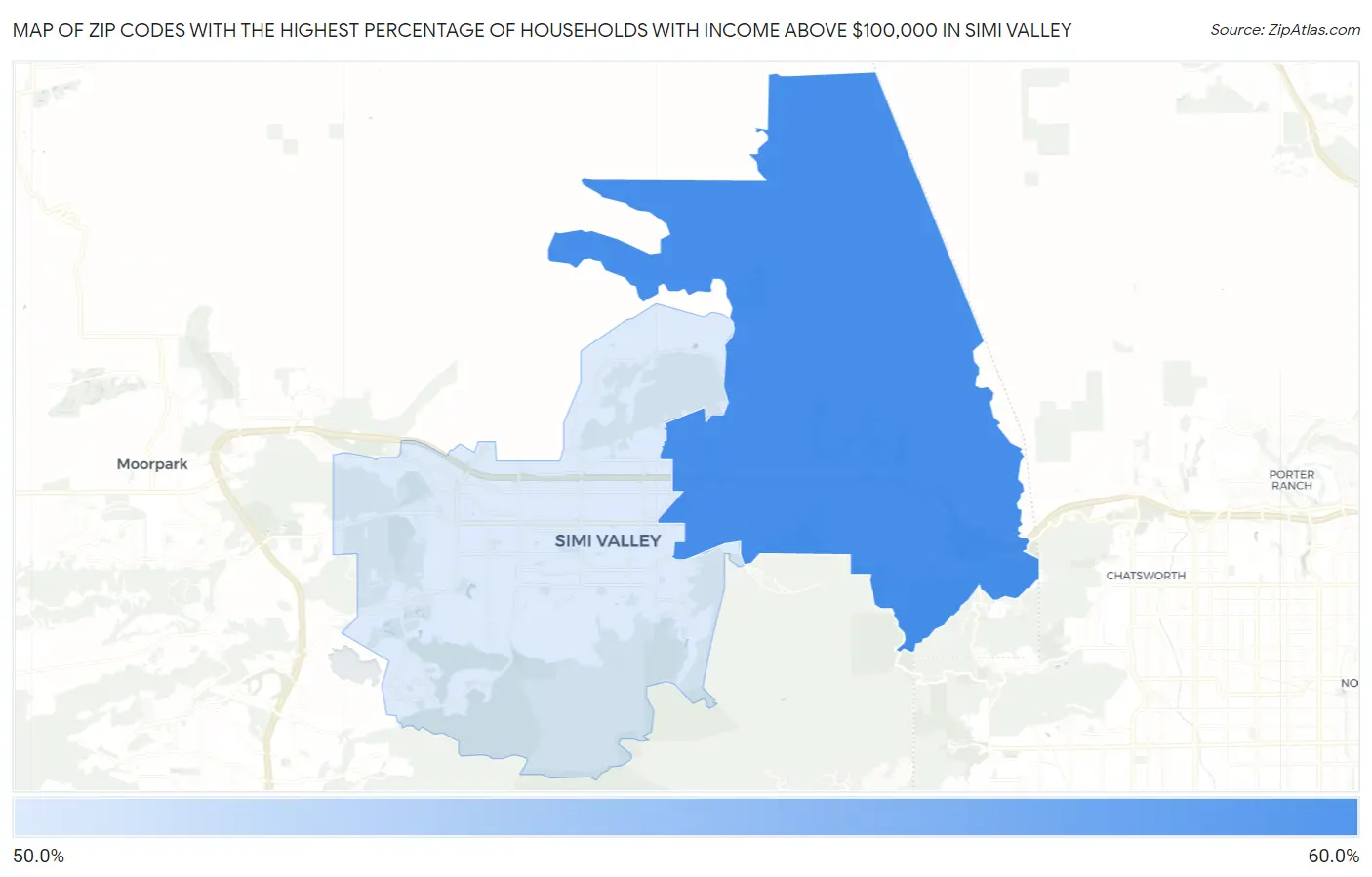 Zip Codes with the Highest Percentage of Households with Income Above $100,000 in Simi Valley Map