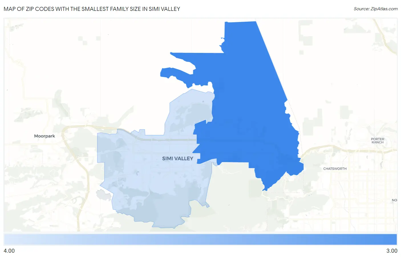 Zip Codes with the Smallest Family Size in Simi Valley Map